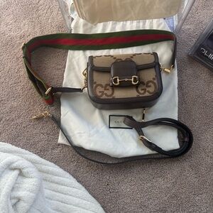 Gucci Brown and Tan Crossbody Bag with Green and Red Strap